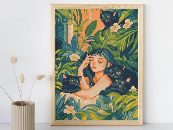 Lady With Cats Jungle Bathroom Wall Art Tropical Matisse Art Black Cat Lover House Warming Gift