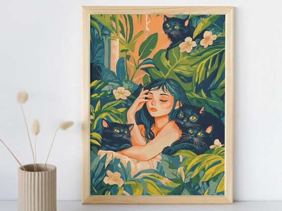 Tropical Jungle Lady With Three Black Cats Maximalist Art Poster