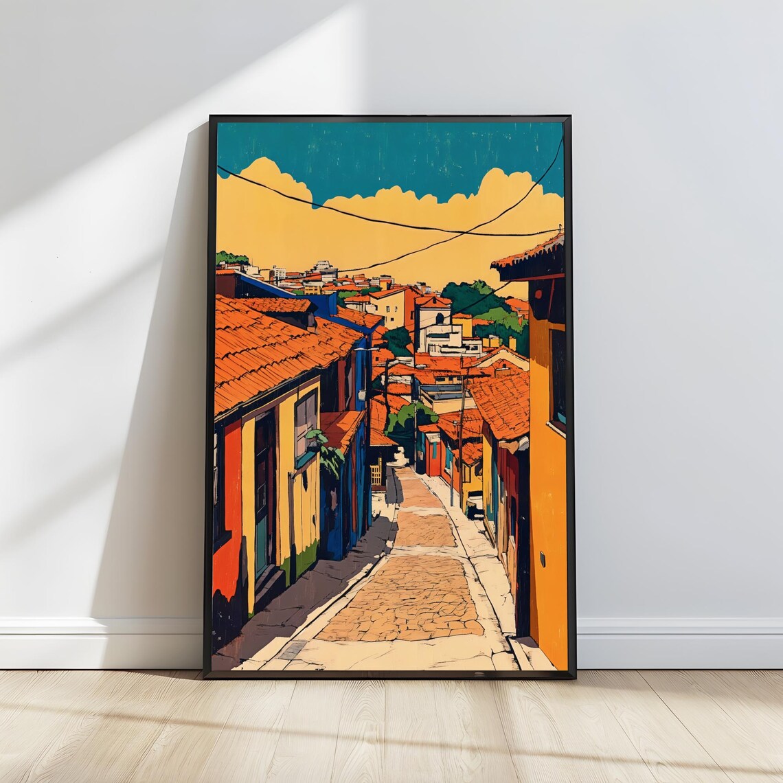 Vibrant Retro Colorful Cobblestone Street Old Town Art Poster - Image 4