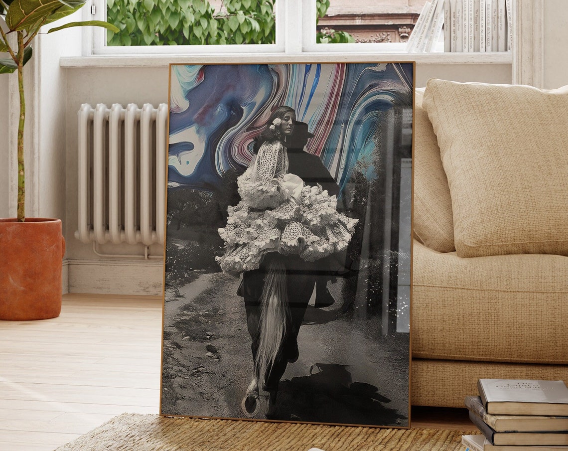Flamenco Dancer Horse Marbled Swirl Surreal Vintage Collage Art Poster