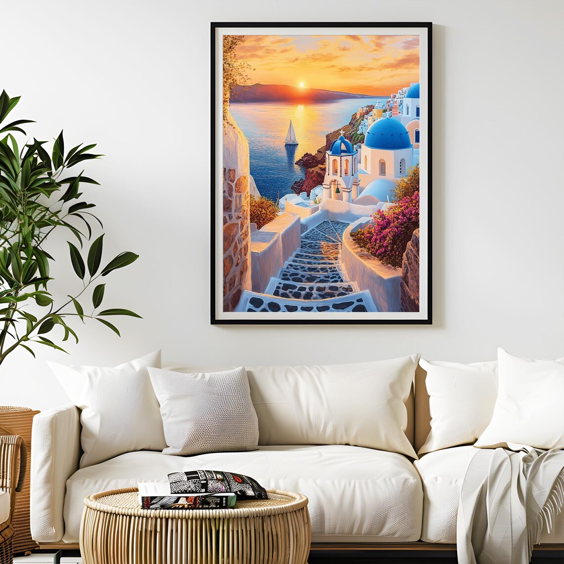 Santorini Blue Domed Churches Sunset Sailboat Caldera Travel Poster - Image 3