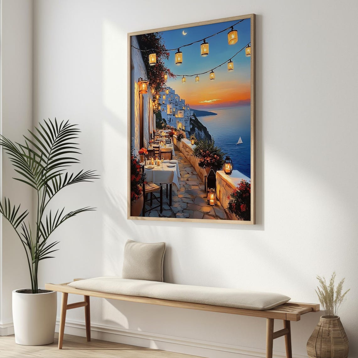 Santorini Cliffside Taverna String Lights Dusk Travel Poster - Image 3