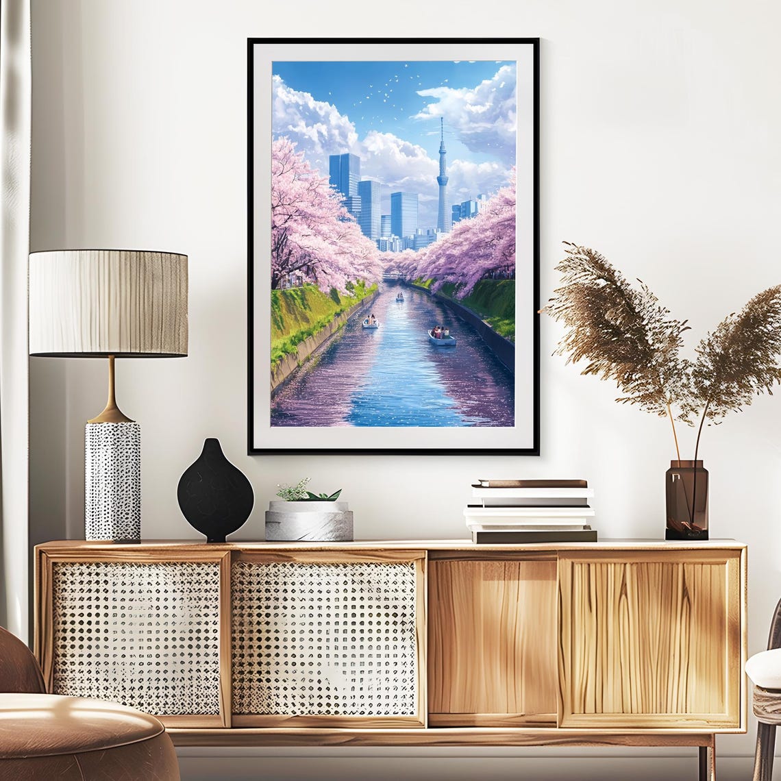 Tokyo Skytree Cherry Blossom Canal Boats Anime Spring Poster - Image 2