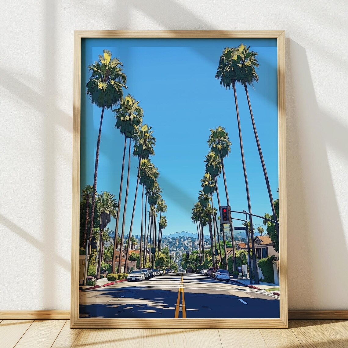 Los Angeles Palm Tree Lined Street Blue Sky California Poster
