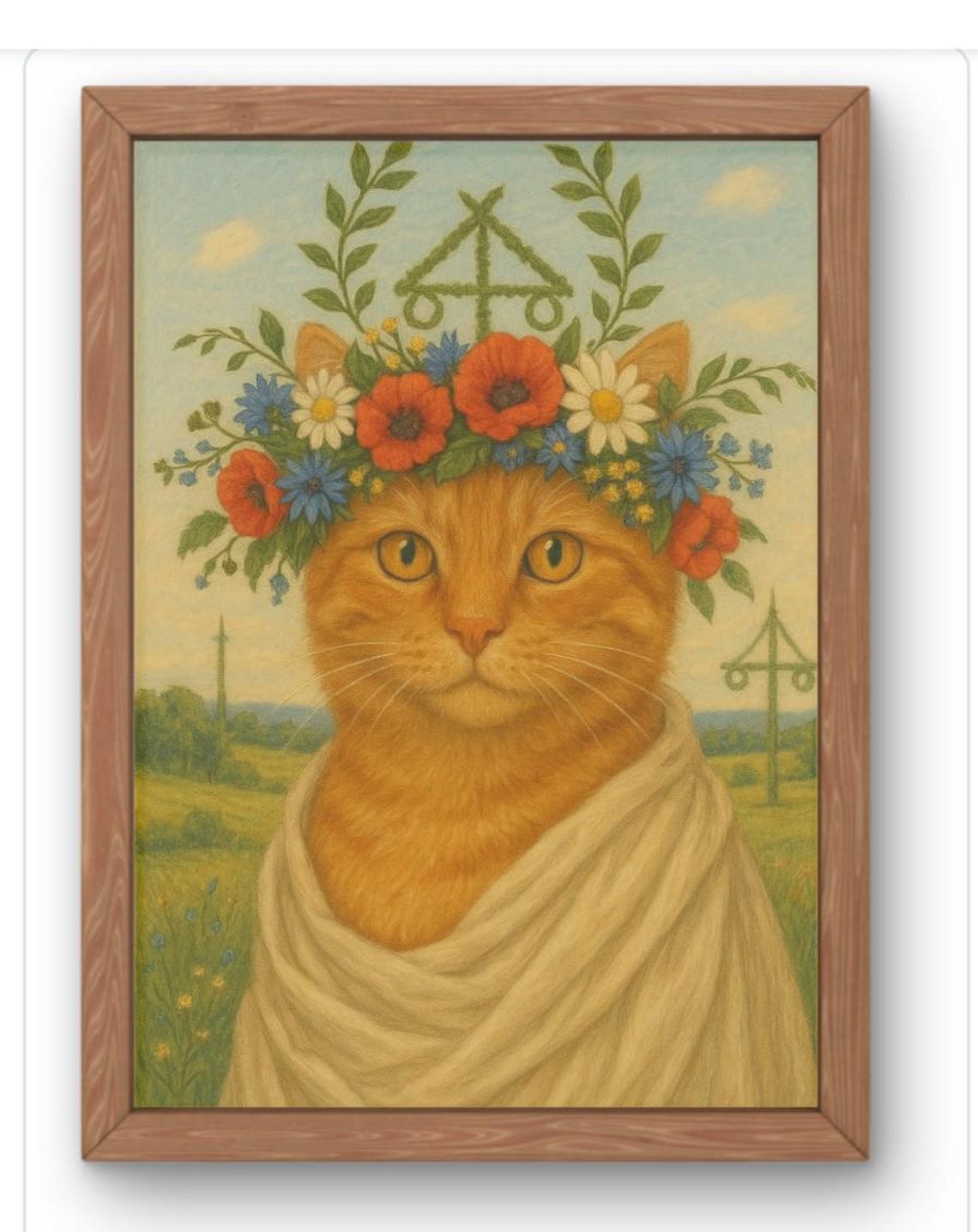 Ginger Cat With Midsummer Flower Crown Nordic Folk Style Art Print