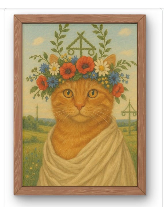 Midsummer Cat Wall Artfloral Crown Ginger Print Nordic Folk Style Illustration Whiskers And Hue Summer Solstice Decor