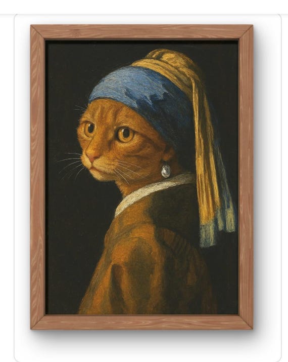 Girl With A Pearl Earing Cat Art Print Vermeer Parody Ginger Classic Fine For Whimsical Home Or Gift A5 To A1