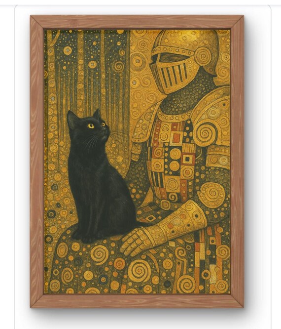 Golden Knight and Black Cat Klimt Style Fantasy Feline Art Poster