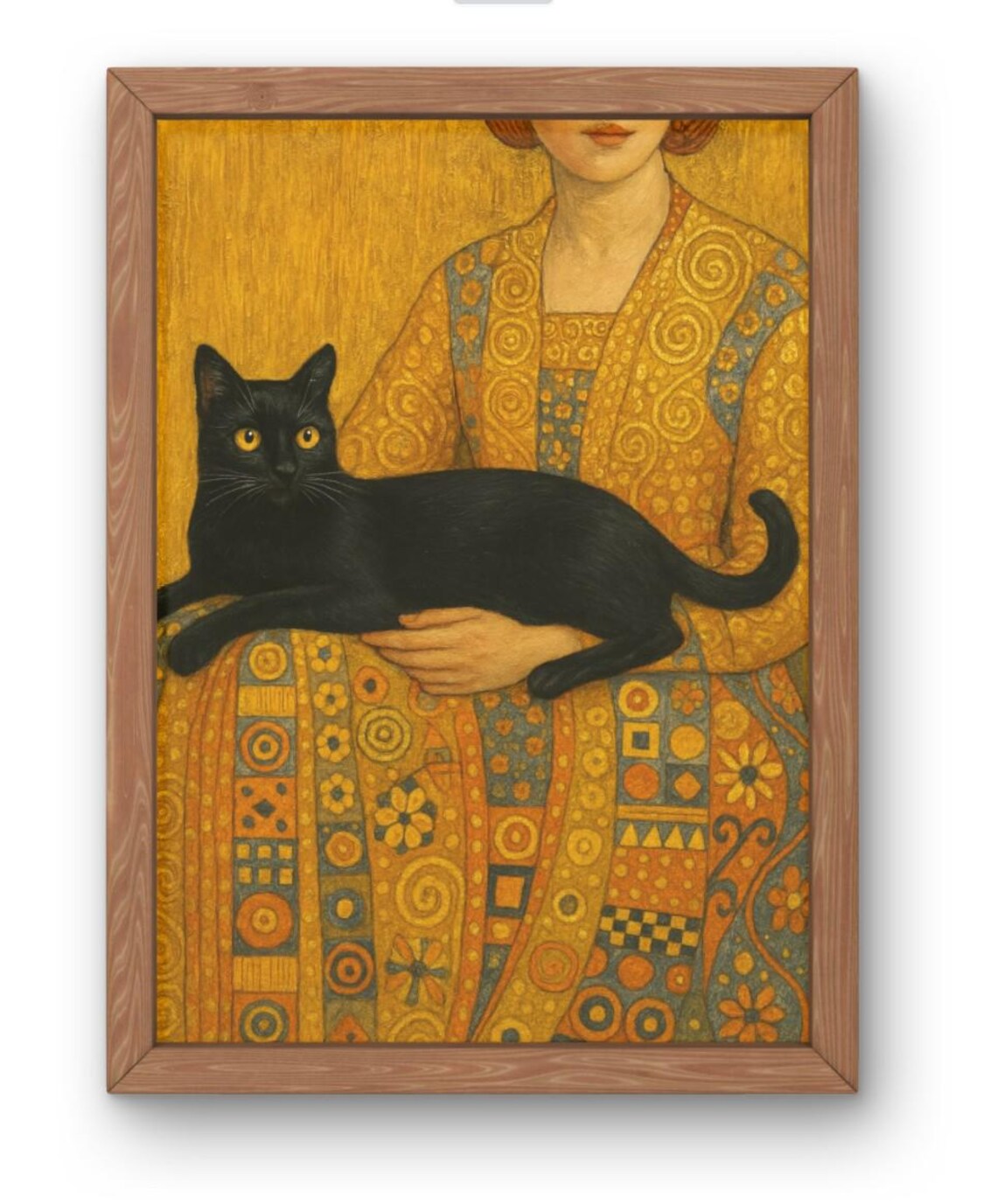 Klimt Style Woman Holding Black Cat Golden Robe Feline Art Poster