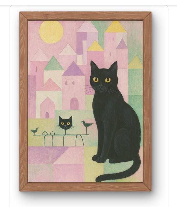 Black Cat Abstract Art Print Paul Klee Inspired Wall Artgeometric Whimsical Feline Illustration Available In A5 A1