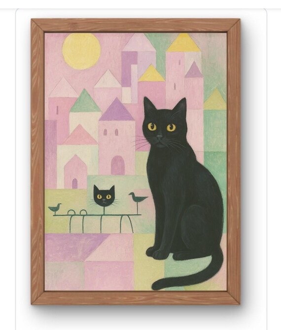 Black Cat in Pastel Geometric Village Whimsical Feline Art Print