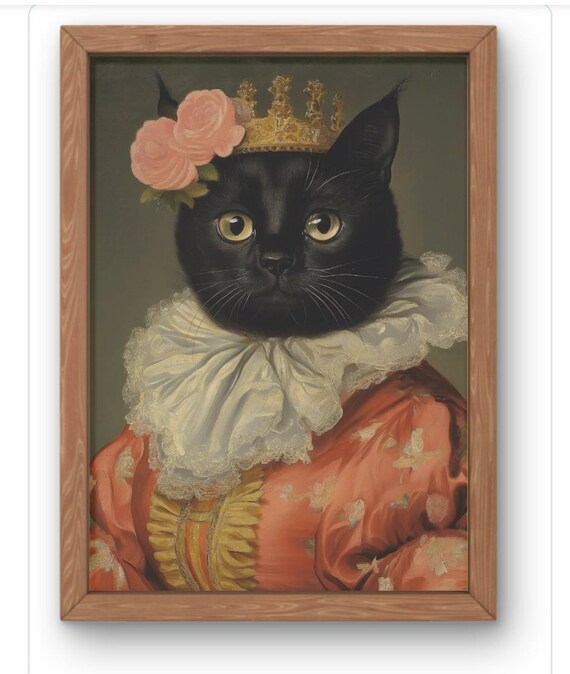 Royal Black Cat Baroque Crown Portrait Roses Regal Feline Poster