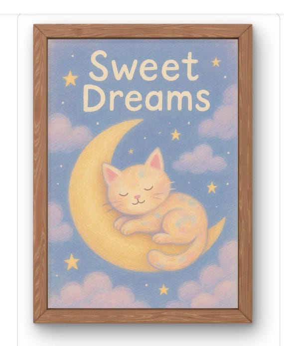 Sweet Dreams Cat Nursery Print Pastel Kitten On Moon Wall Art Dreamy Baby Room Decorsoothing Animal For Kids Bedroom
