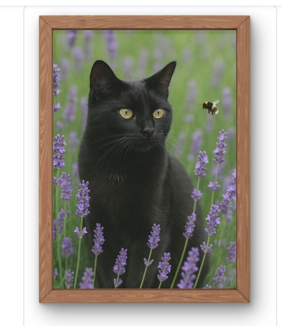 Black Cat In Lavender Field Watching Bumblebee Summer Photo Poster