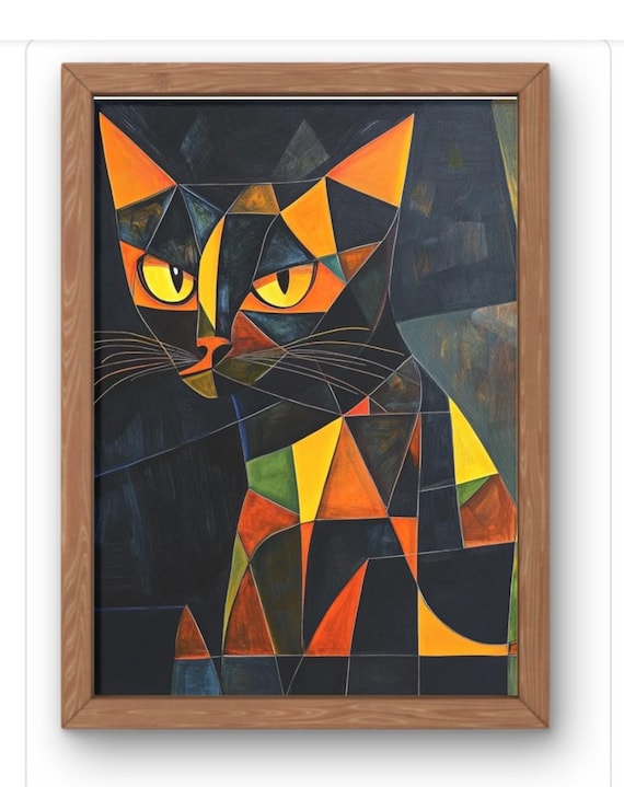 Geometric Black Cat Cubist Feline Orange Portrait Art Poster