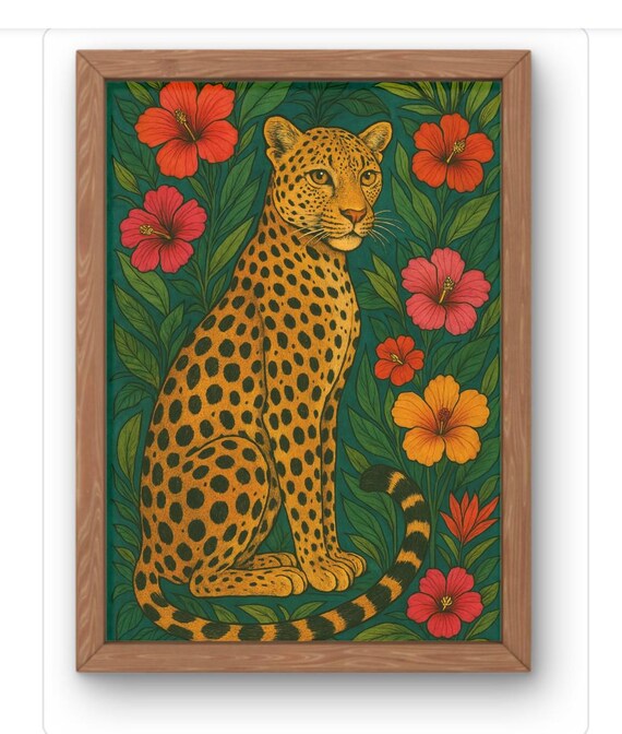 Elegant Cheetah Among Hibiscus Flowers Tropical Jungle Art Print