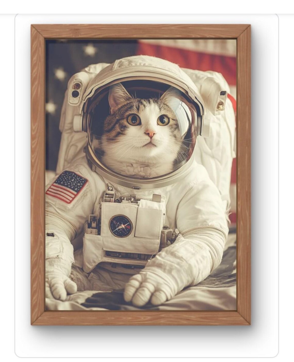 Cat Astronaut In Spacesuit American Flag Funny Space Art Poster