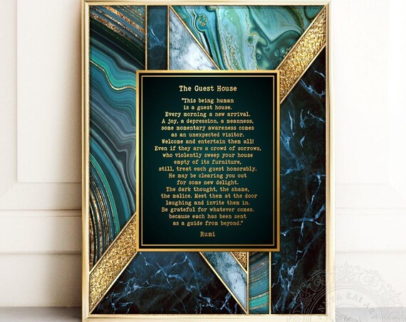The Guest House Rumi Poem Teal Marble Gold Foil Mindfulness Wall Poster