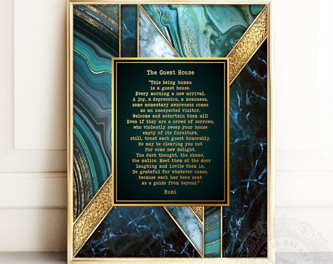 The Guest House Rumi Poem Teal Marble Gold Foil Mindfulness Wall Poster