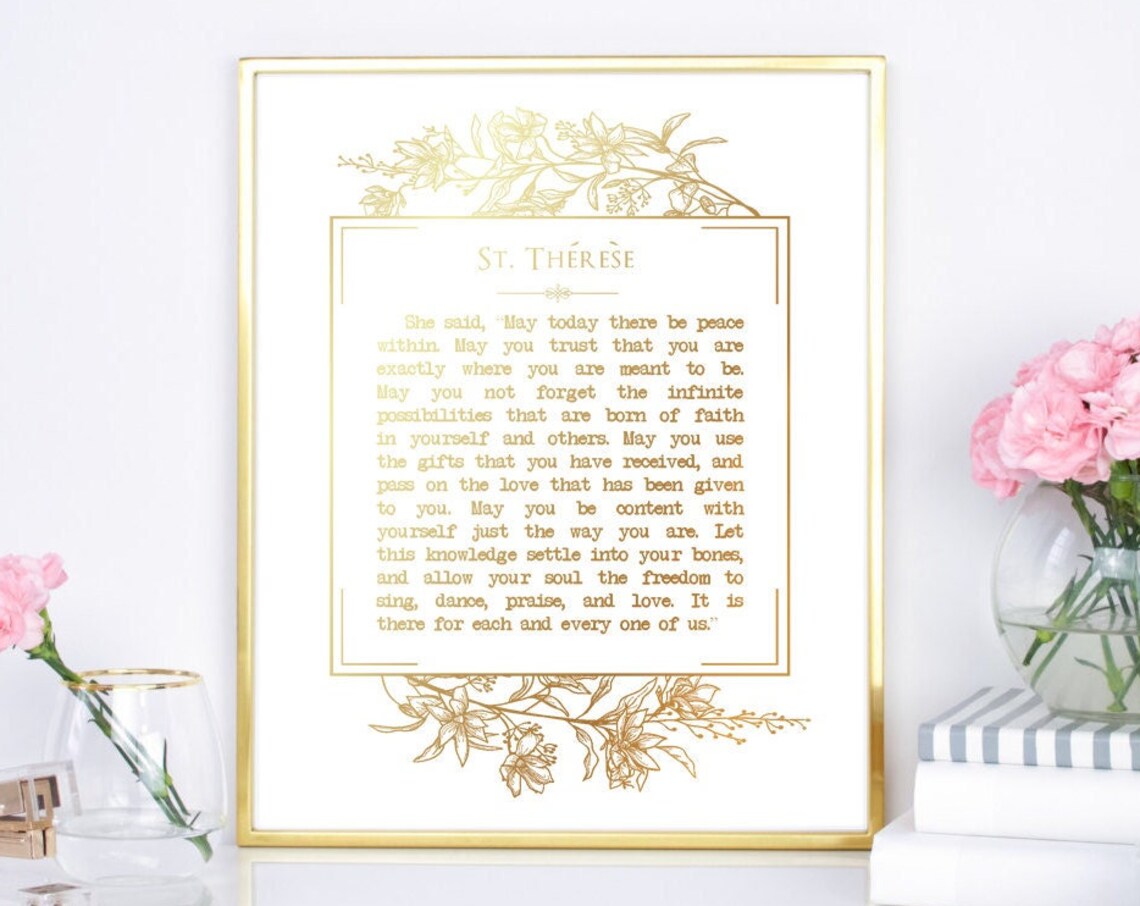 St Therese Peace Within Prayer Quote Gold Floral Catholic Wall Art