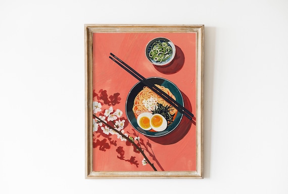 Delicious Ramen Print Japanese Kitchen Art Poster Flatlay Food In The Table Cute Pastel Pink Decor Asian Wall Art