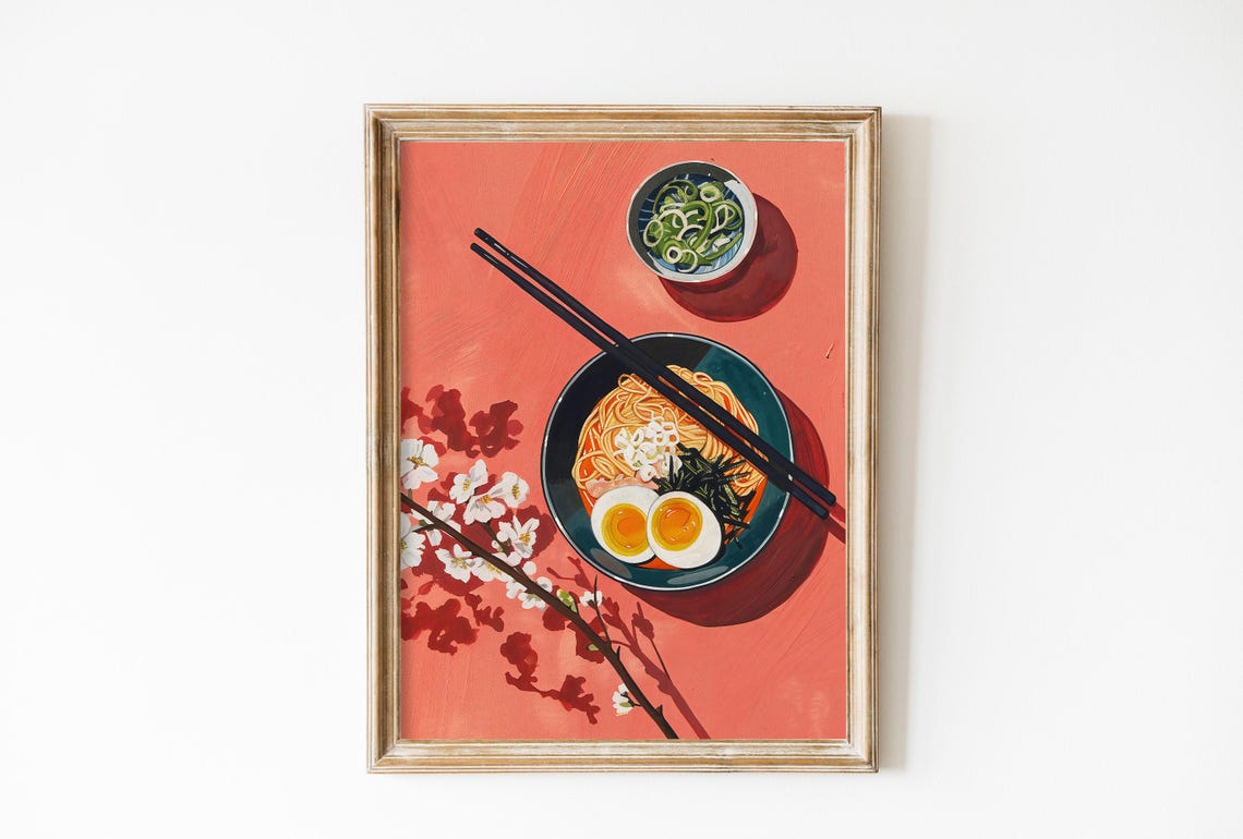 Ramen Bowl With Egg And Chopsticks Coral Pink Flatlay Art Poster