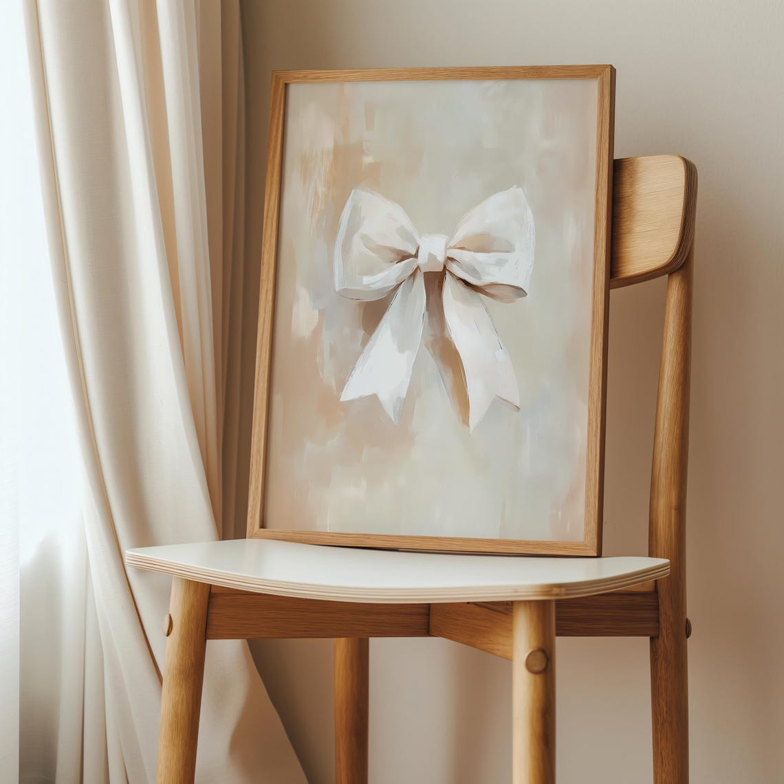 White Bow On Beige Background Minimalist Soft Neutral Art Poster - Image 2