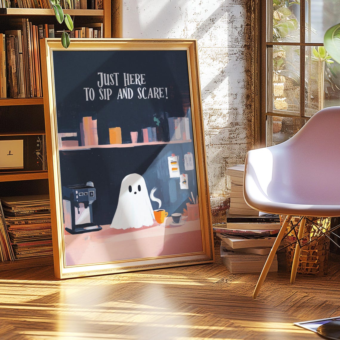 Just Here To Sip And Scare Cute Ghost Coffee Halloween Poster - Image 3
