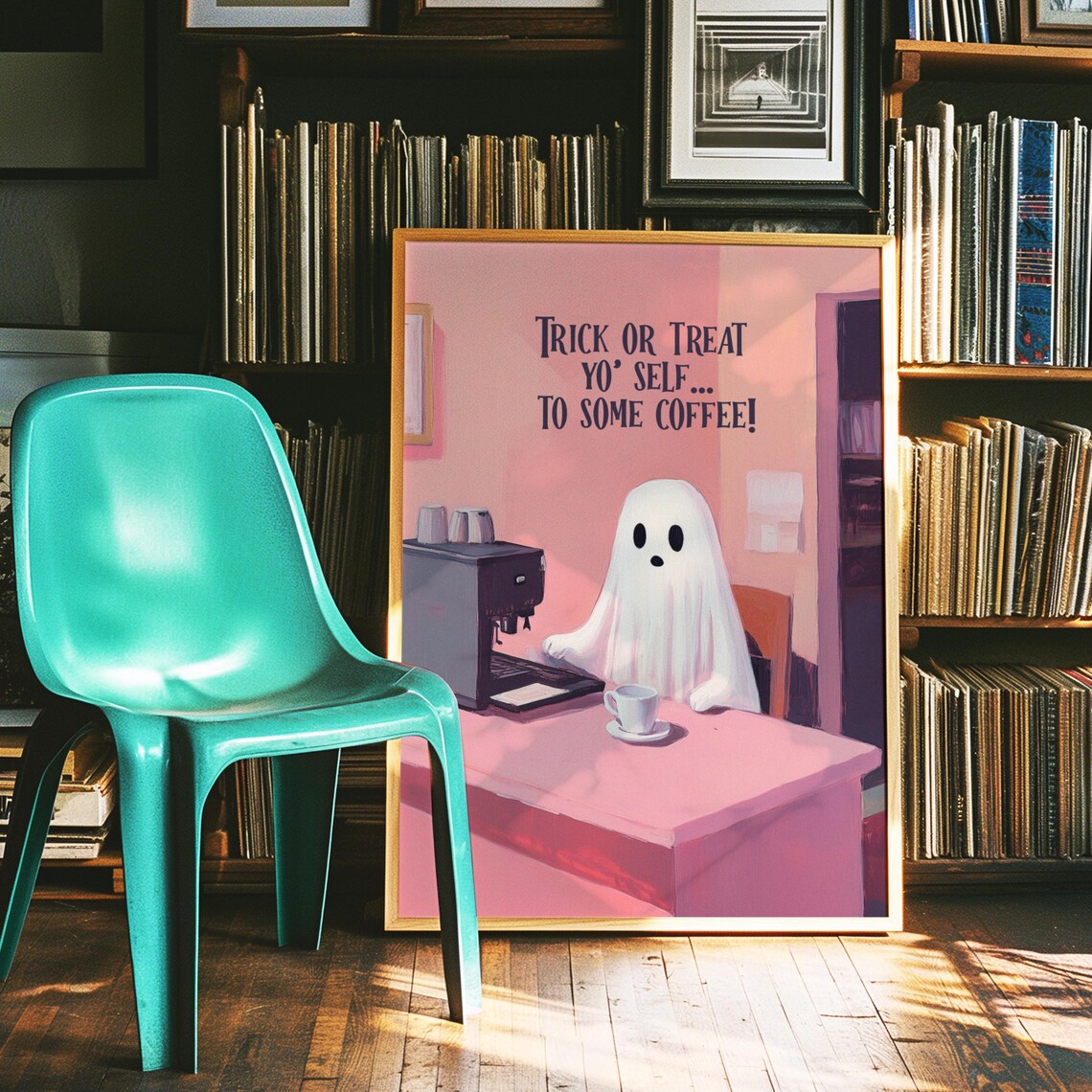 Pink Halloween Decor for Coffee Lovers, Spooky Art Print - Image 3