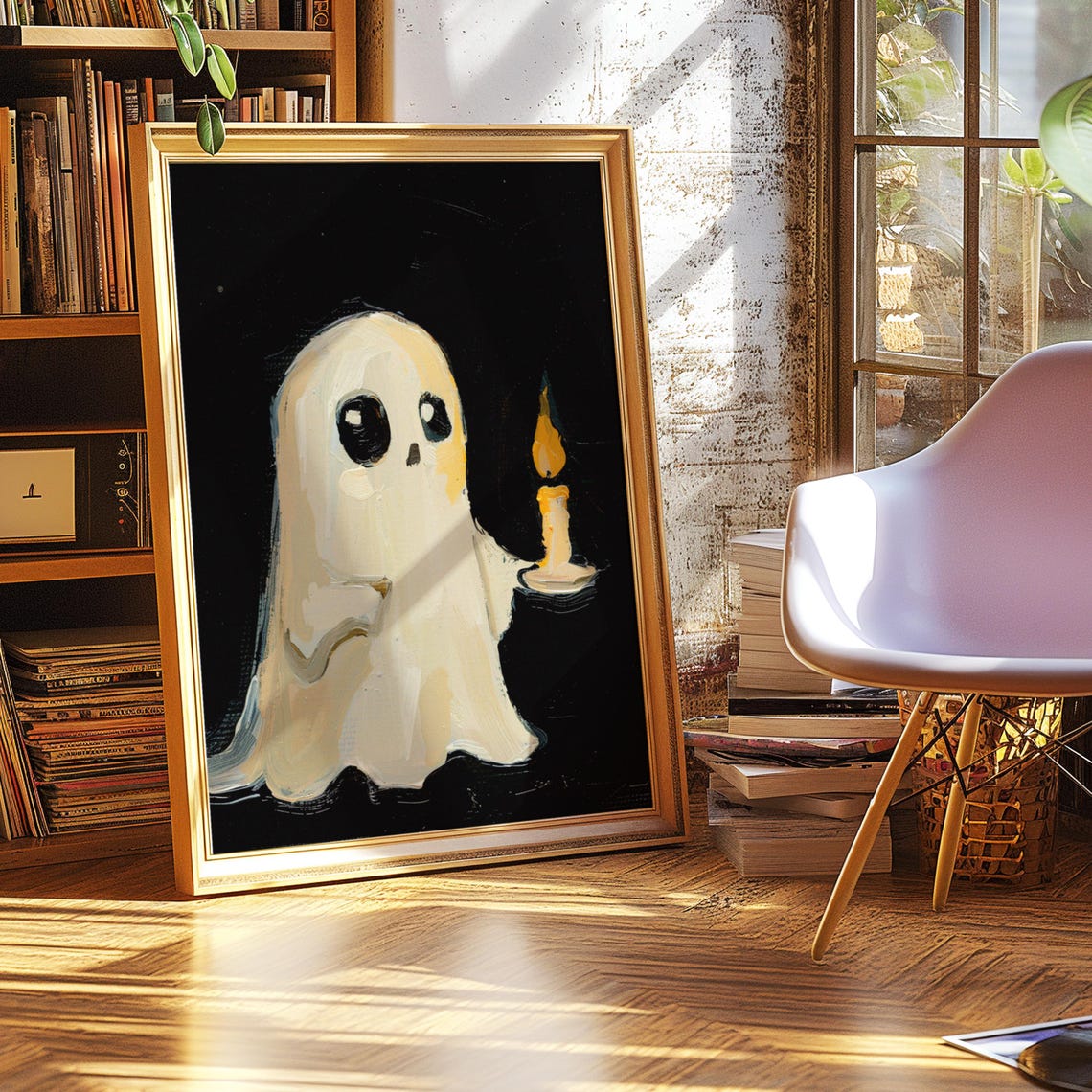 Cute Ghost Holding Candle Black Background Spooky Night Poster - Image 2