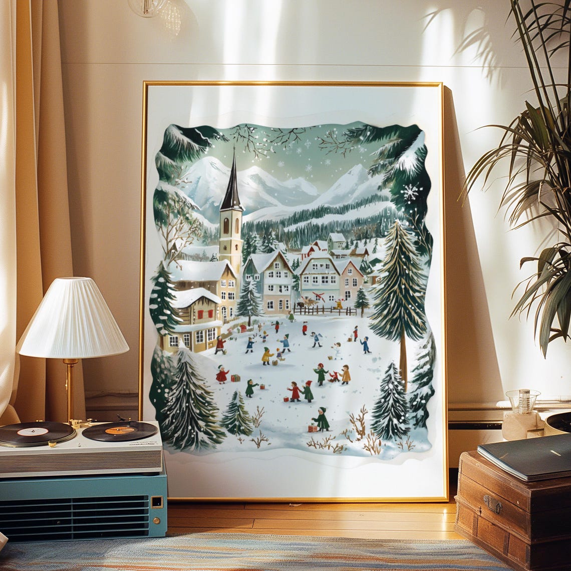 Alpine Winter Village with Church Steeple and Playing Kids Poster - Image 2