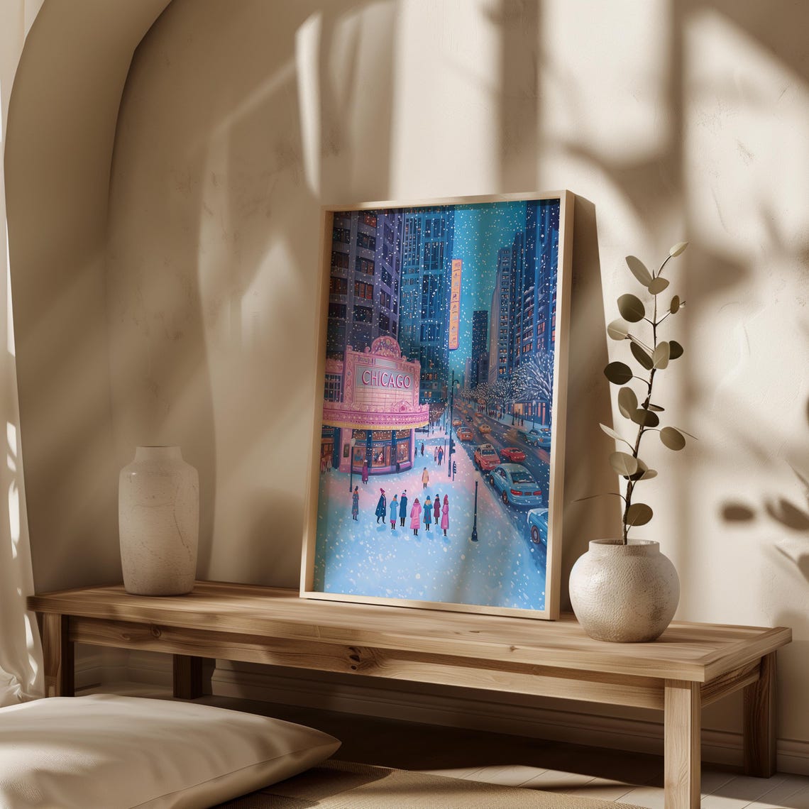 Vintage Pink Winter Chicago Poster Christmas Chicago Wall Art Retro Oil Painting Usa Travel Poster Dorm Decor Gift Night City Landscape - Image 3