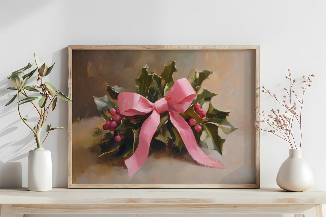 Mistletoe With Pink Bow Vintage Oil Painting Christmas Art Poster - Image 3