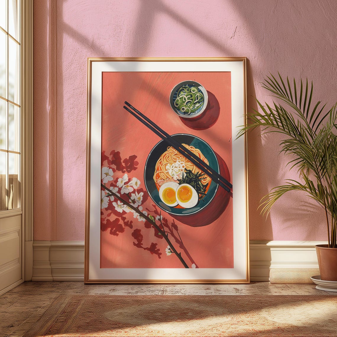 Ramen Bowl With Egg And Chopsticks Coral Pink Flatlay Art Poster - Image 2