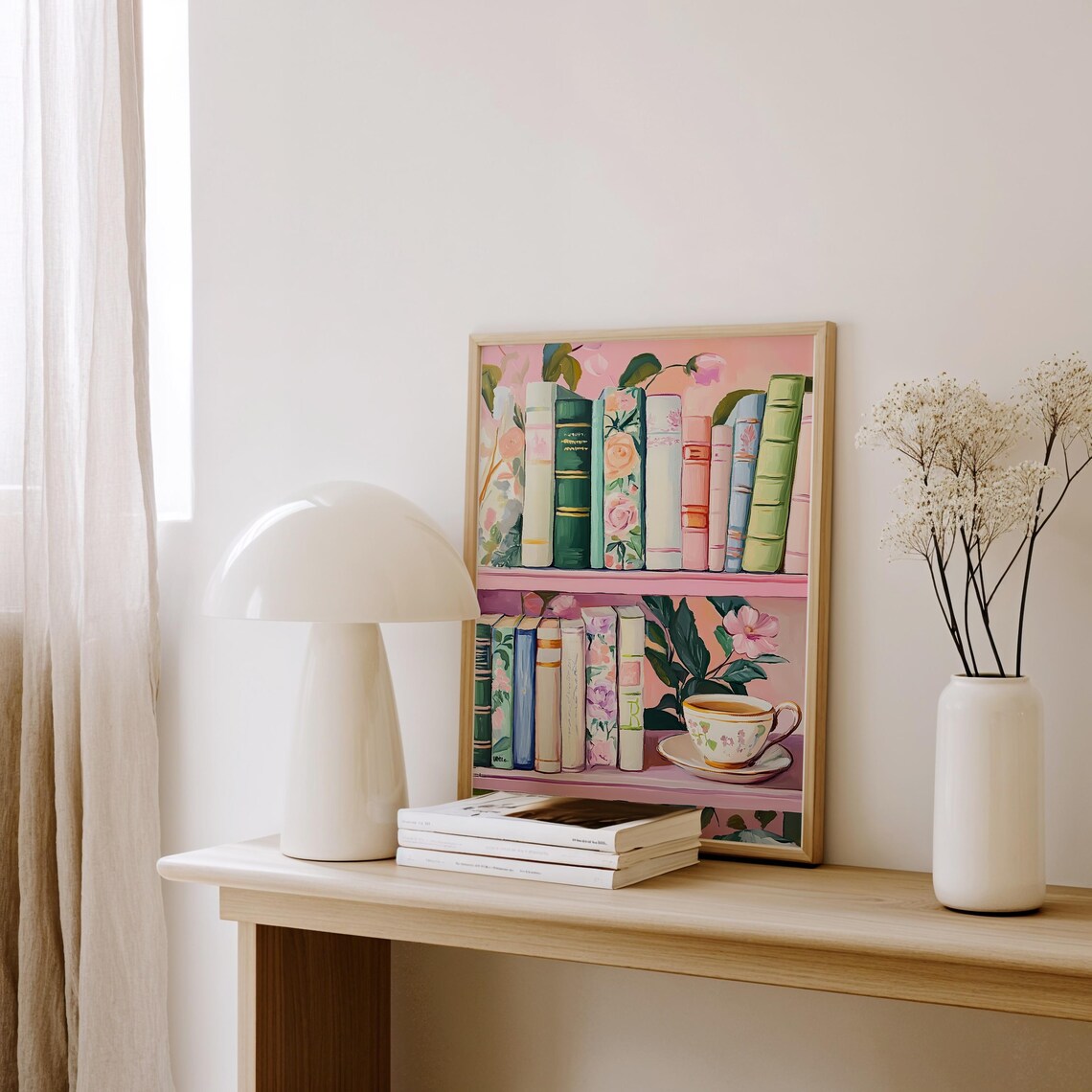Pastel Book Stack Painting, Whimsical Reading Nook Art - Image 2