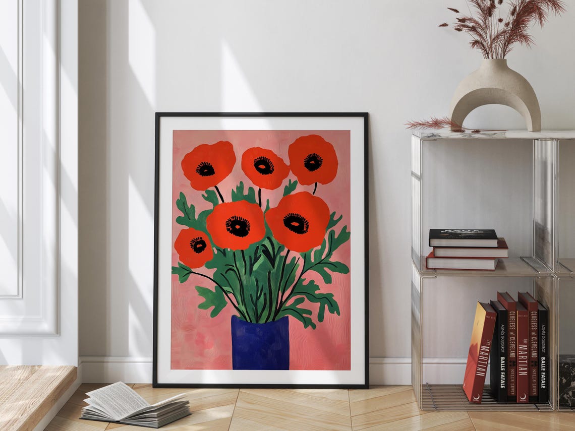 Orange Poppies Blue Vase Pink Background Floral Art Wall Poster - Image 2