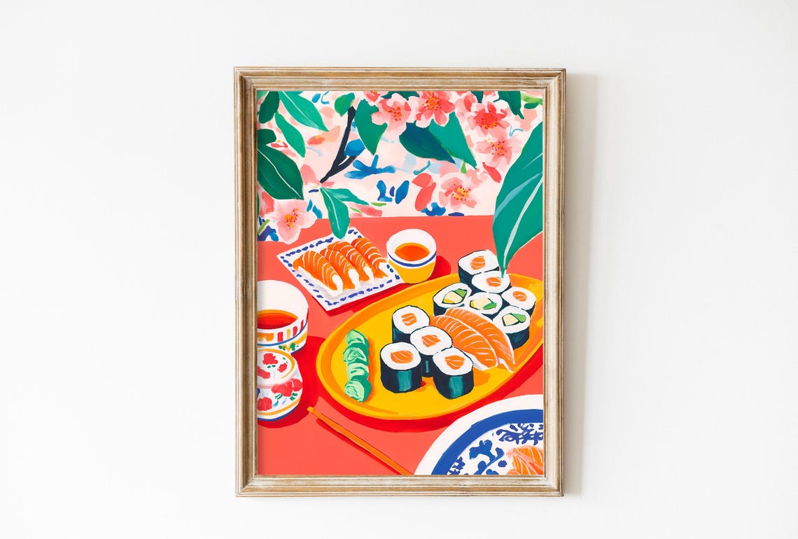 Japanese Sushi Spread Salmon Red Asian Kitchen Food Art Poster
