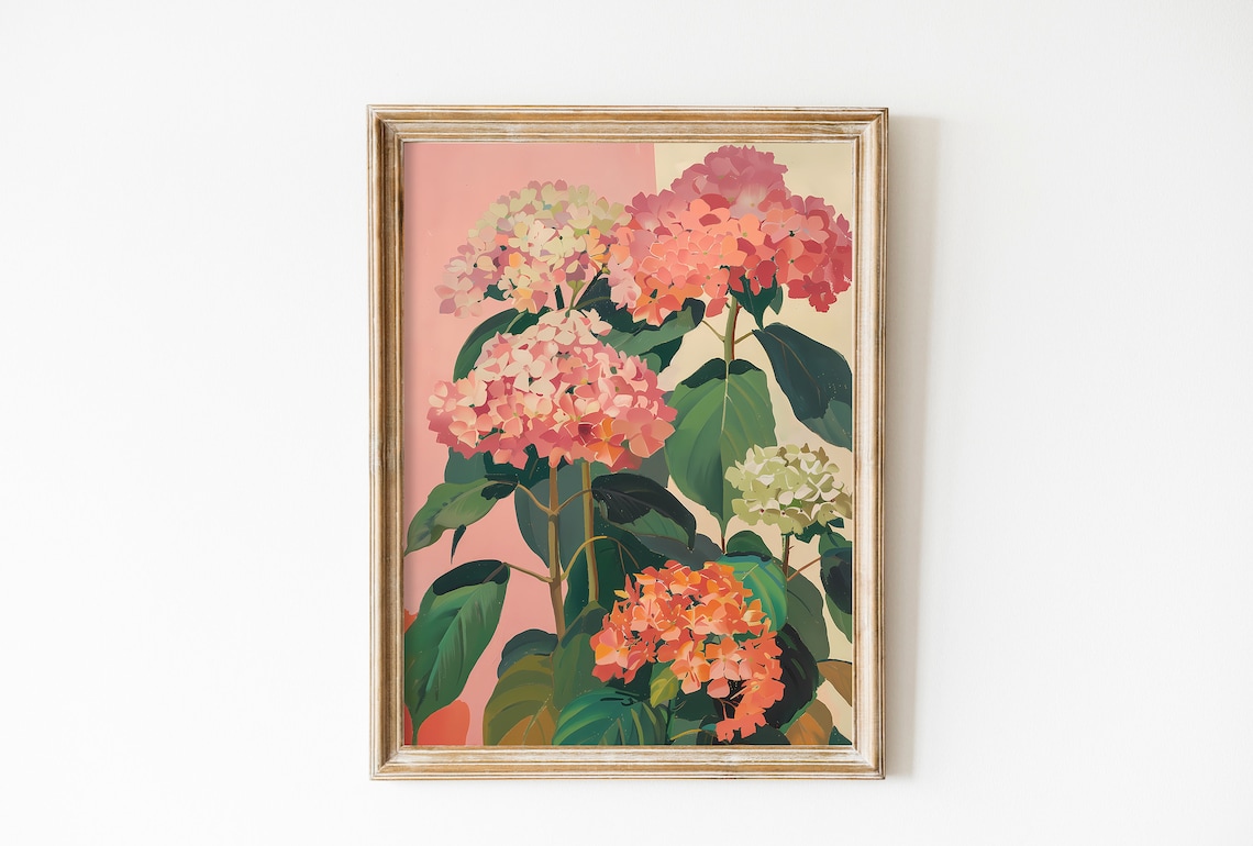 Hydrangea Print, Vintage Danish Pastel Farmhouse