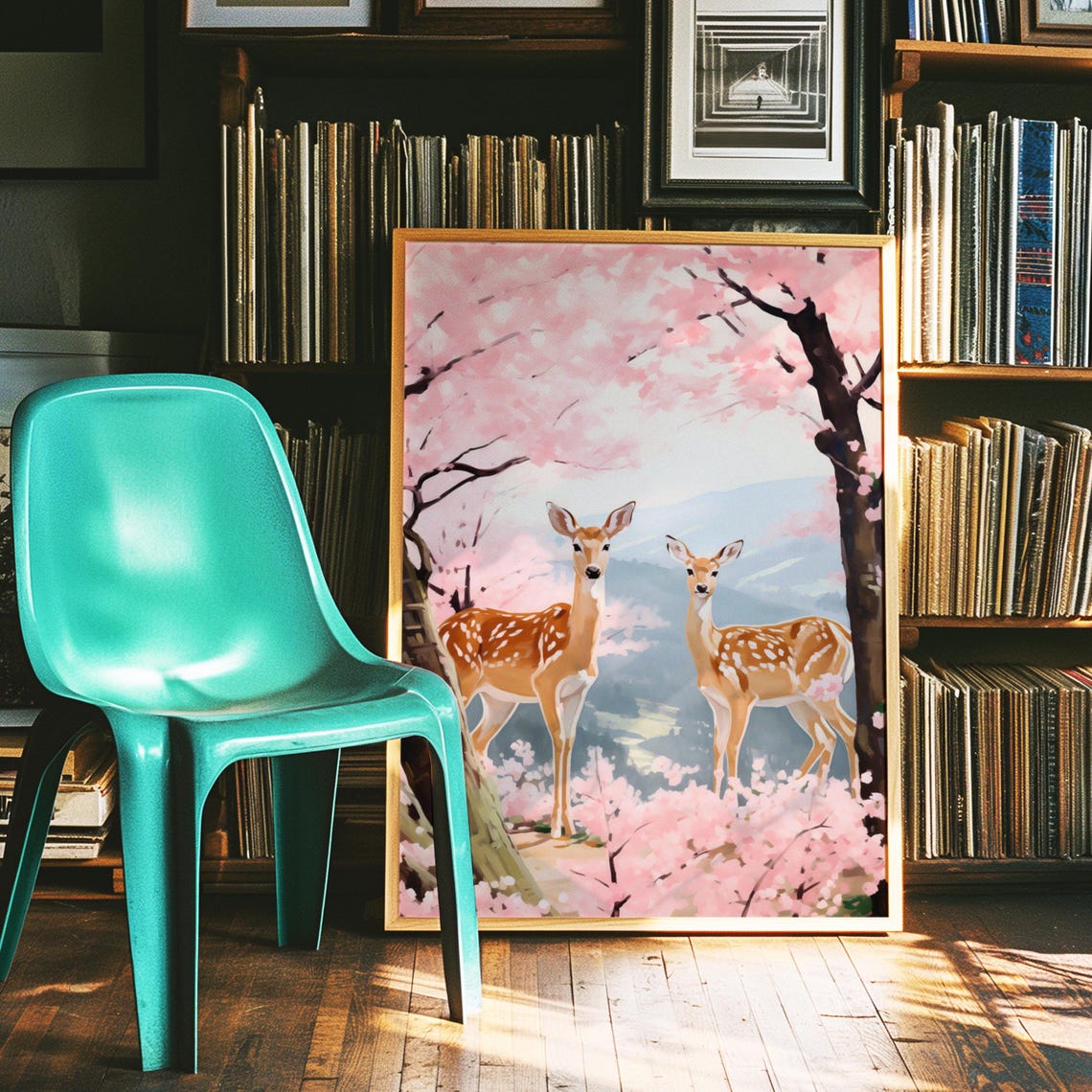 Two Deer Under Pink Cherry Blossoms In Spring Landscape Art Poster - Image 2