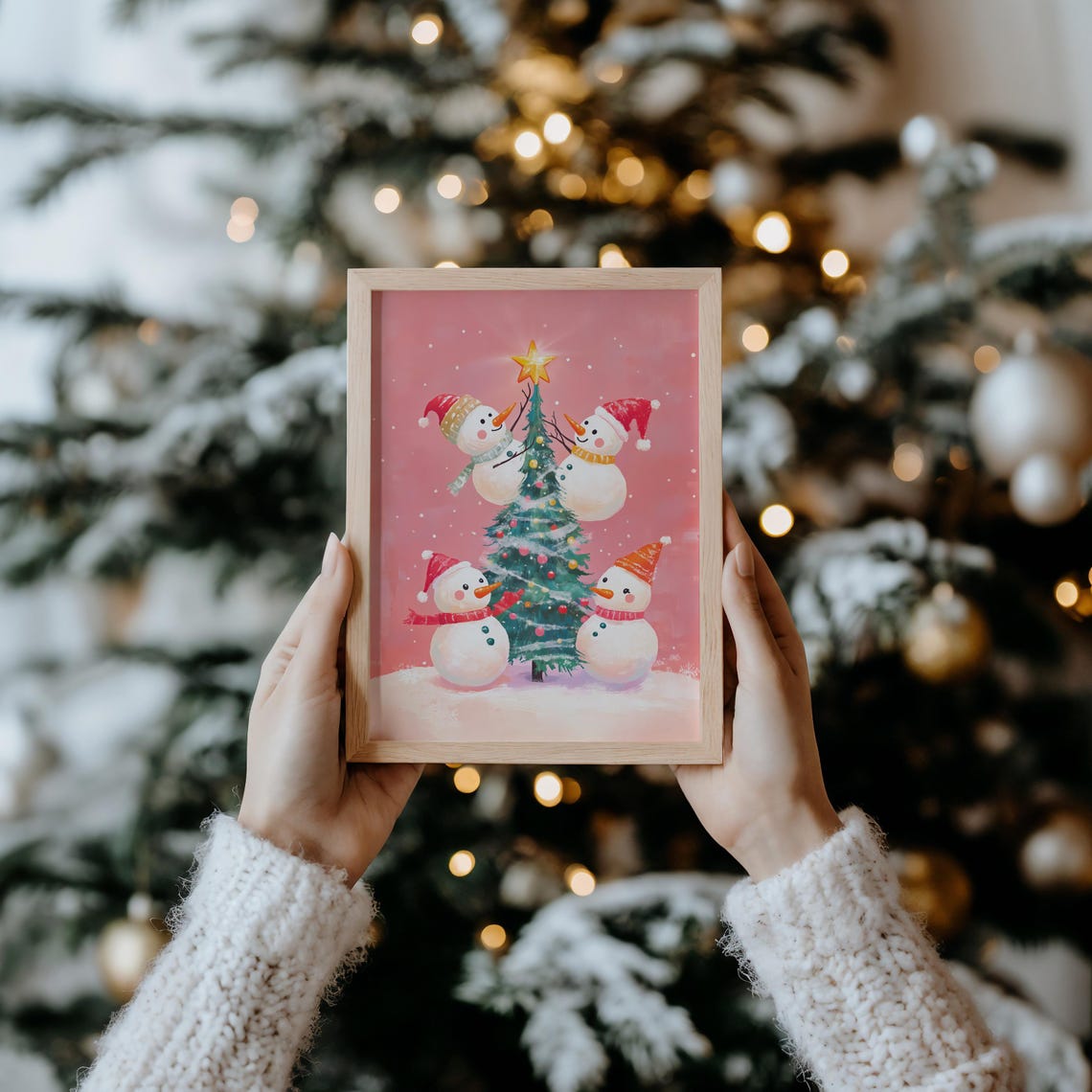 Four Snowmen Decorating Christmas Tree On Pink Background Poster - Image 2