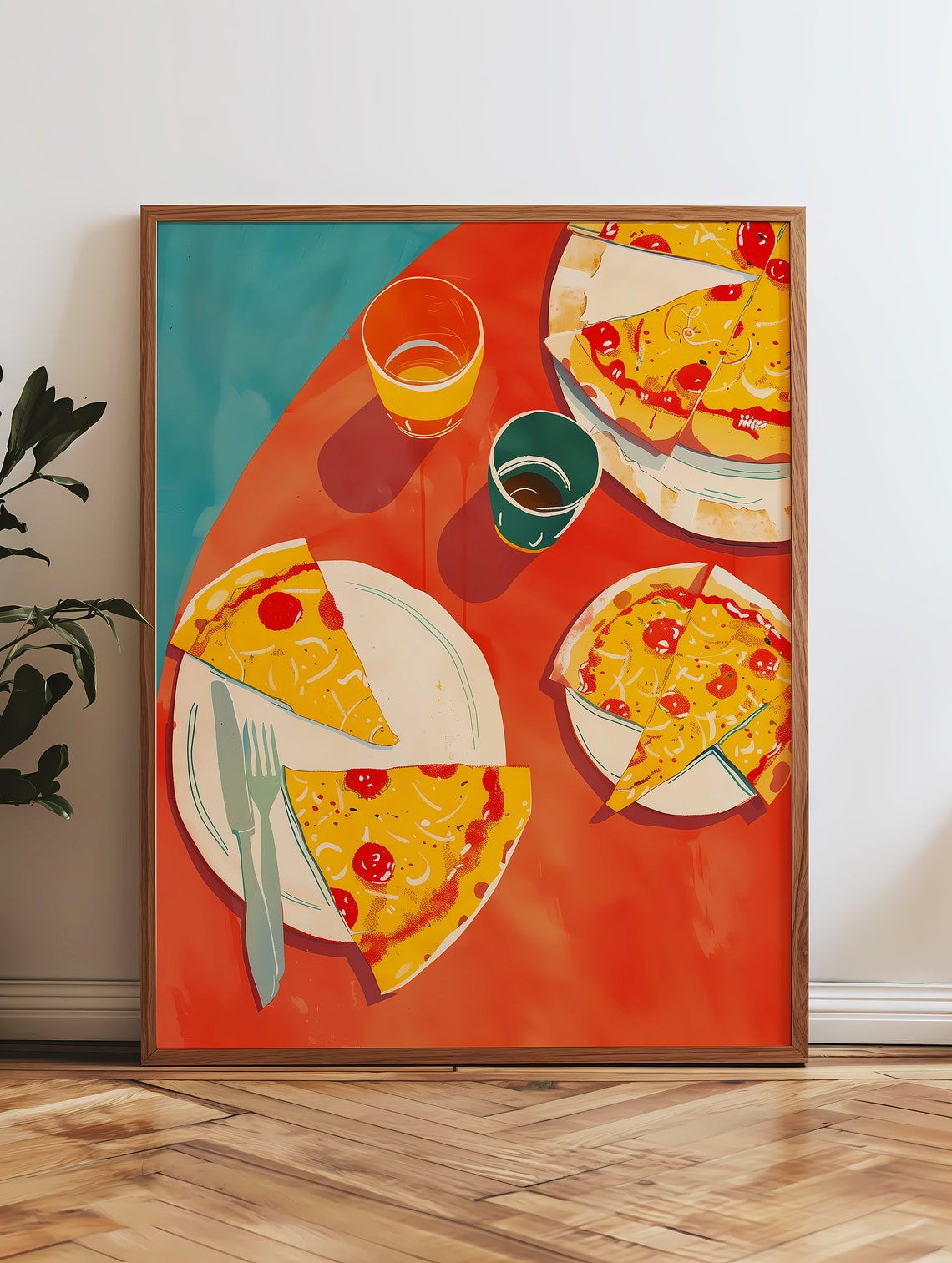 Pepperoni Pizza Party Flatlay Retro Coral Table Kitchen Food Wall Art - Image 4