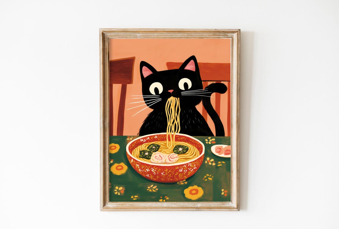 Black Cat Eating Ramen Noodles Cute Cartoon Kitchen Art Poster