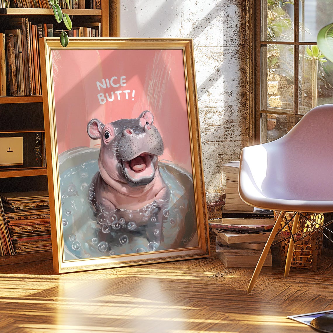 Nice Butt Funny Baby Hippo In Bubble Bath Pink Quote Art Poster - Image 2