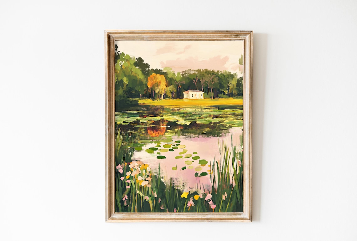 Lily Pad Marsh At Sunset With Cabin Pink Wildflowers Art Poster