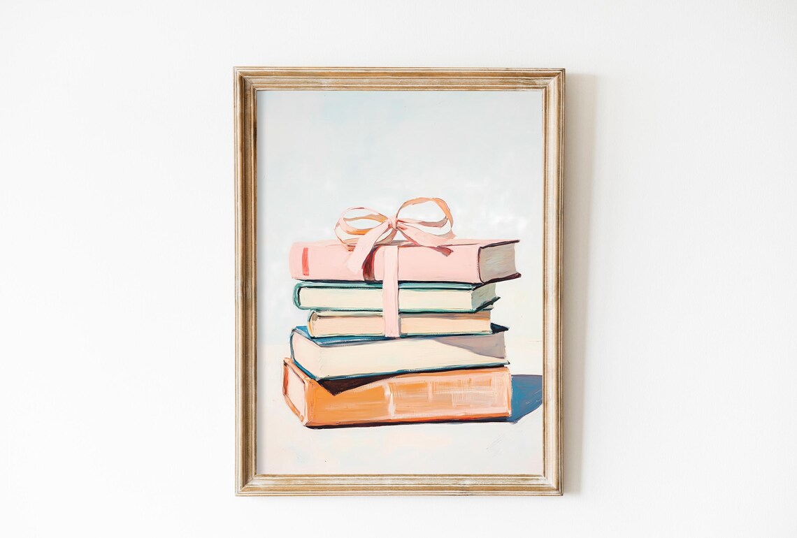 Book Lover Print, Pink Bow Pastel Apartment Aesthetic