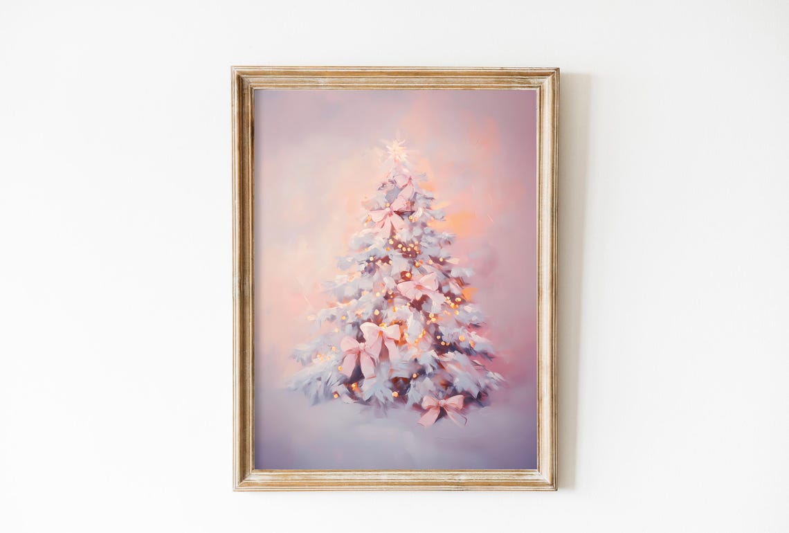 White Pink Christmas Tree with Satin Bows and Warm Lights Poster