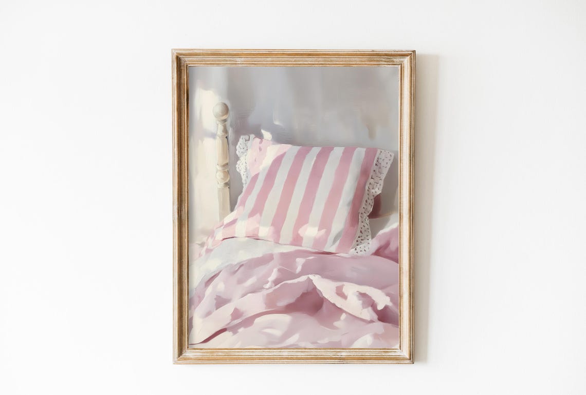 Retro Soft Pink Coquette Bedroom Print Antique Preppy Wall Art Farmhouse Dorm Decor Soft Pink Girl Room Painting Vintage French Print