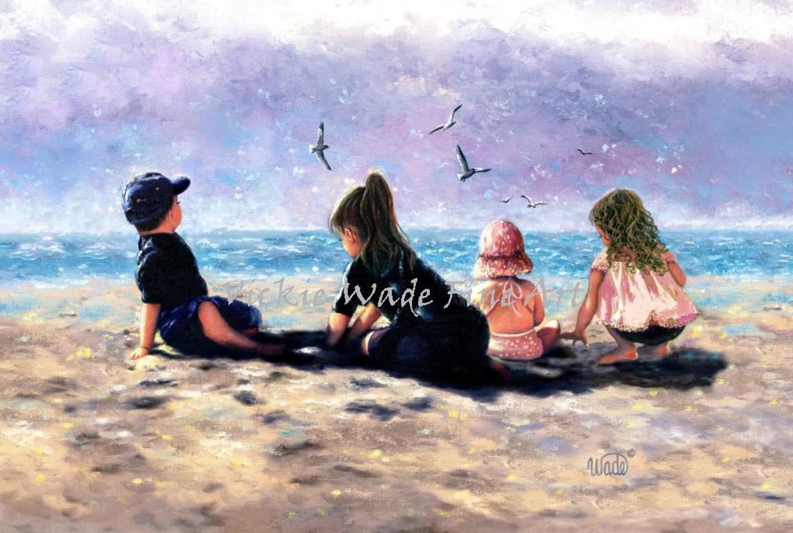 Four Children Sitting On Beach Watching Seagulls Over Ocean Poster