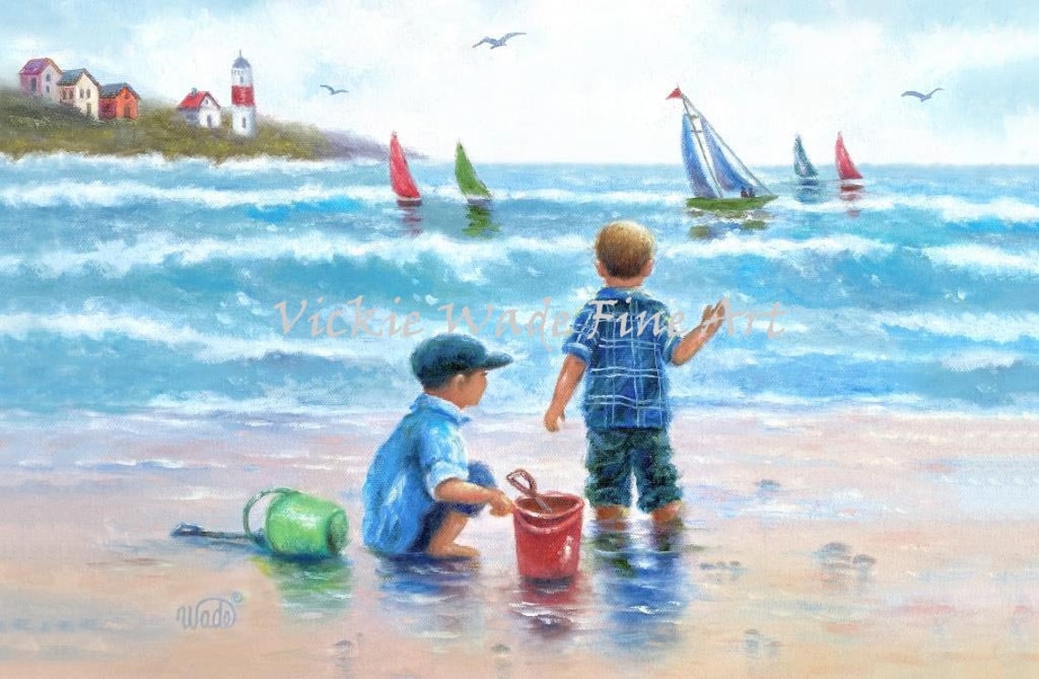 Two Little Boys Watching Sailboats from a Sandy Beach Poster