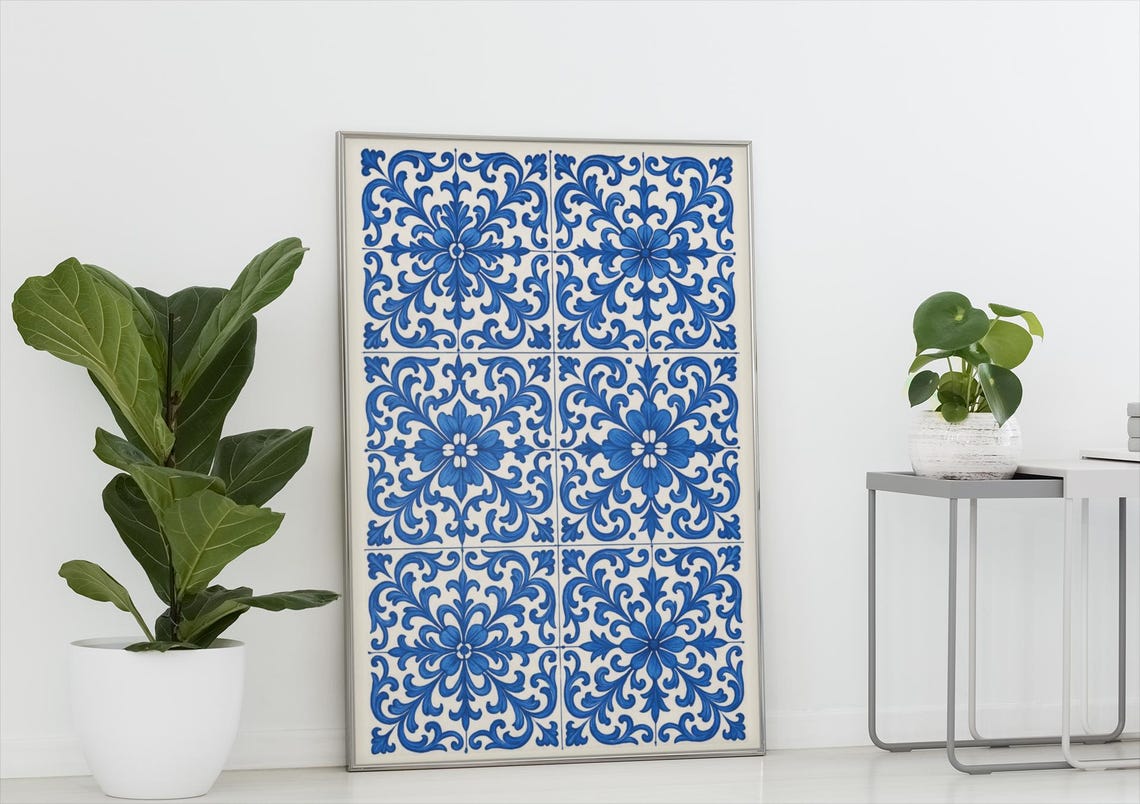 Blue Portuguese Azulejo Tiles Floral Pattern Vintage Wall Poster
